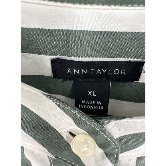 Ann Taylor Top Womens XL Green Striped White Button Oversized Pocket Classic - Picture 2 of 9